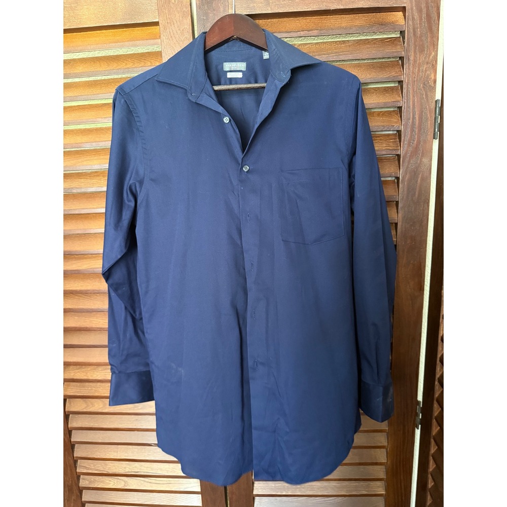 Van Heusen Flex Mens Regular Fit Stretch Dress Shirt Navy 15 32/33 Long Sleeve